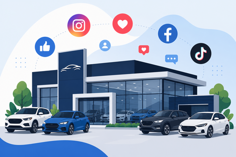 concessionária de carros com ícones de redes sociais digitais