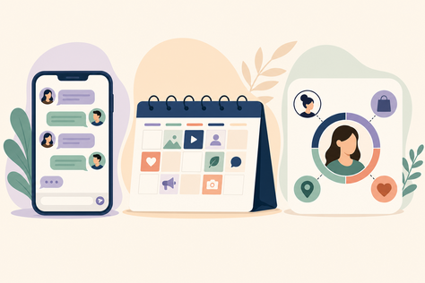 1. roteiro de mensagem direta 2. calendário de posts estratégico 3. perfil do cliente ideal ilustrado